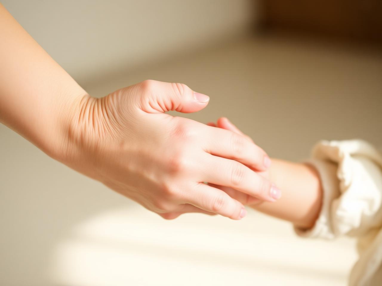 Hand van een ouder houdt de hand van een kind vast